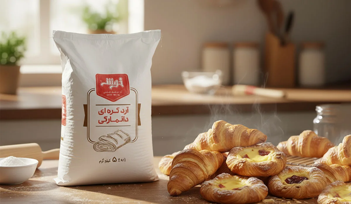 بسته آرد نول کره‌ای دانمارکی خوشه کنار کروسان و شیرینی دانمارکی، مناسب تهیه شیرینی‌ های لایه‌ای، کروسان، خمیر هزارلا و نان‌ های فانتزی