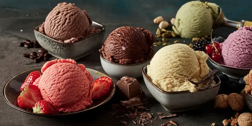 بستنی خانگی وانیلی و میوه‌ای در ظرف رنگی، تهیه‌شده بدون دستگاه بستنی‌ساز